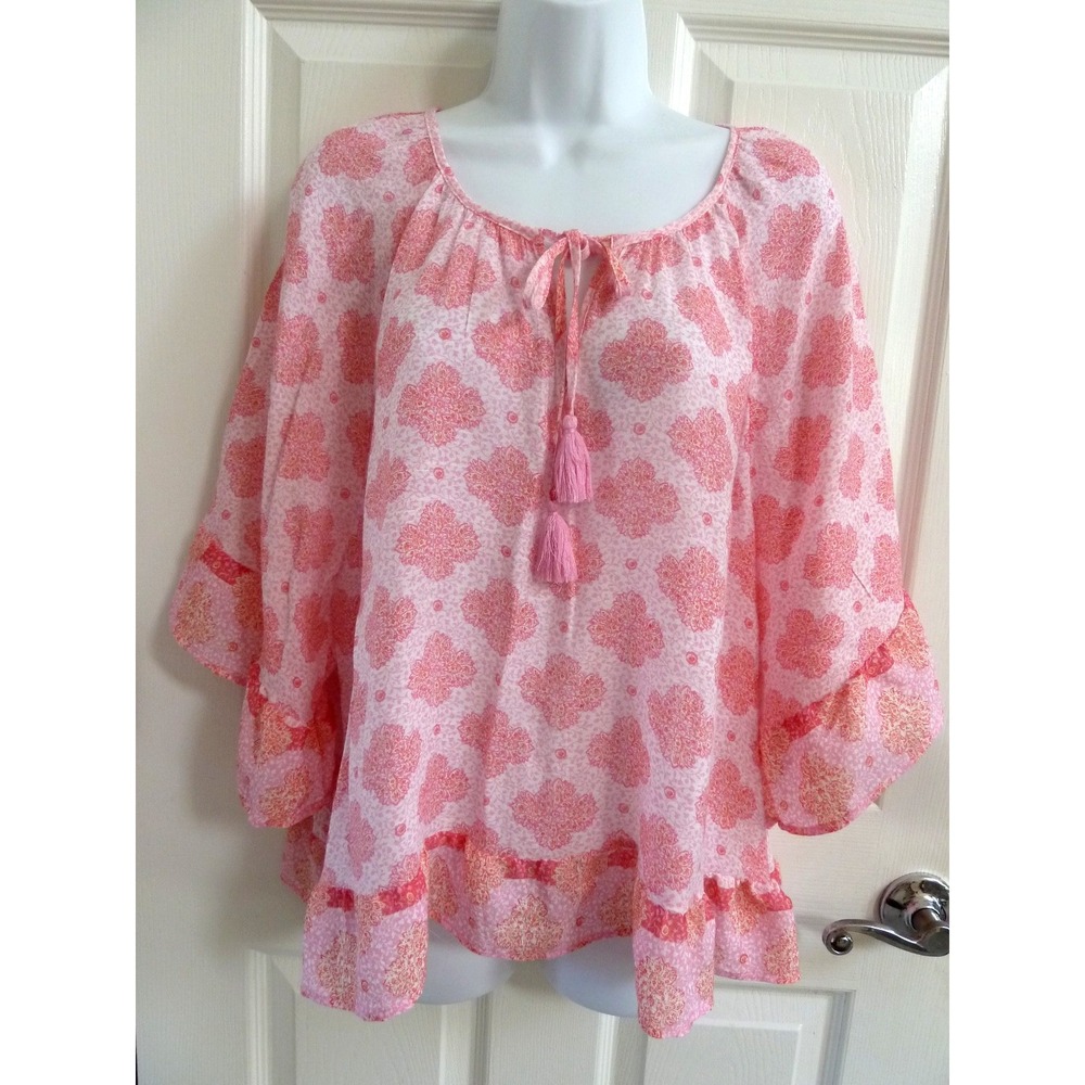 Nanette Lepore XL Boho Tassled Ruffle Blouse Pink White Peasant Kimono Sleeve